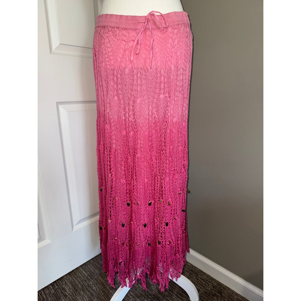 Crochet Lace Maxi Skirt Women M Pink Ombre Sequin Artisan Fringe Festival Y2K